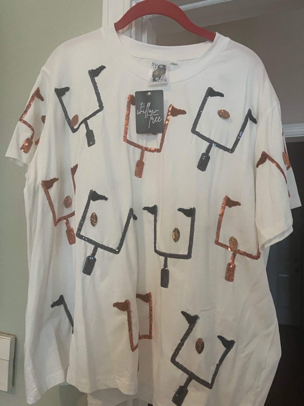 Queen of Sparkles White Sequin Football Goal Tee with Navy blue & Copper Accents